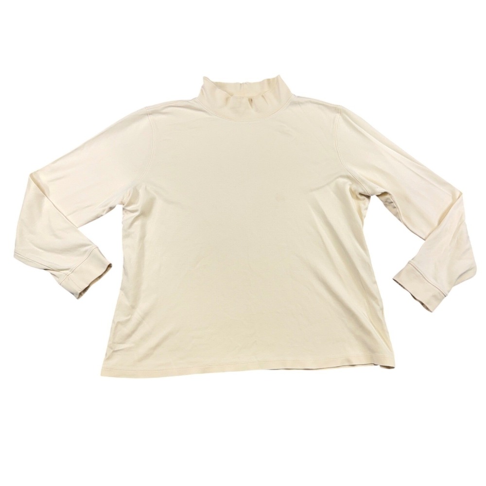 LL Bean Womens Large Cream Ivory 100% Cotton Mock Neck Long Sleeve Shirt Top